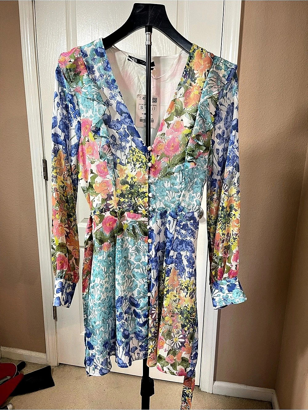 Zara Floral Patchwork Long Sleeve Button Front Mini Dress Blue & Pink